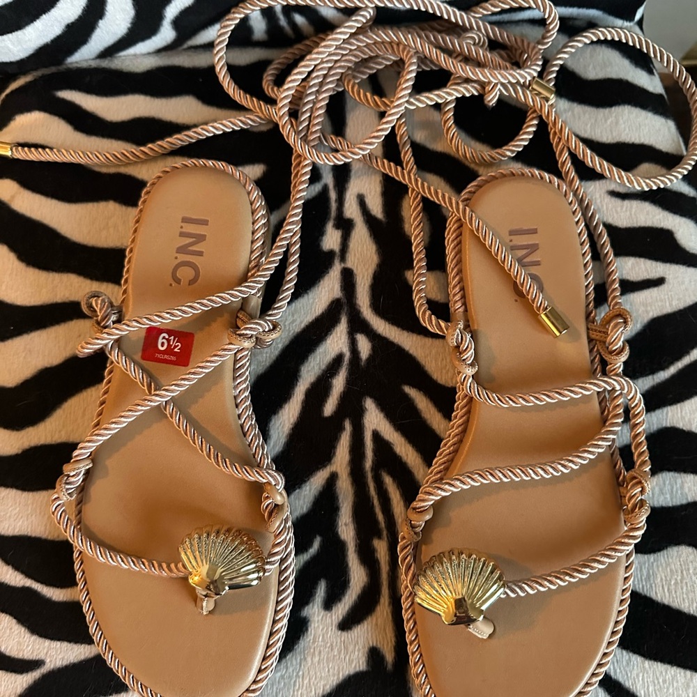 INC International Concepts Women's Beige Sandals with Gold Accents